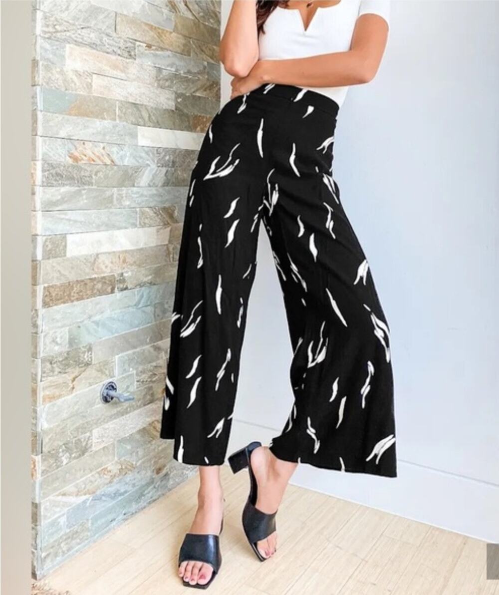 LUSH Abstract Brushstroke Wide Leg Culottes Pants Black Cream XS High Rise